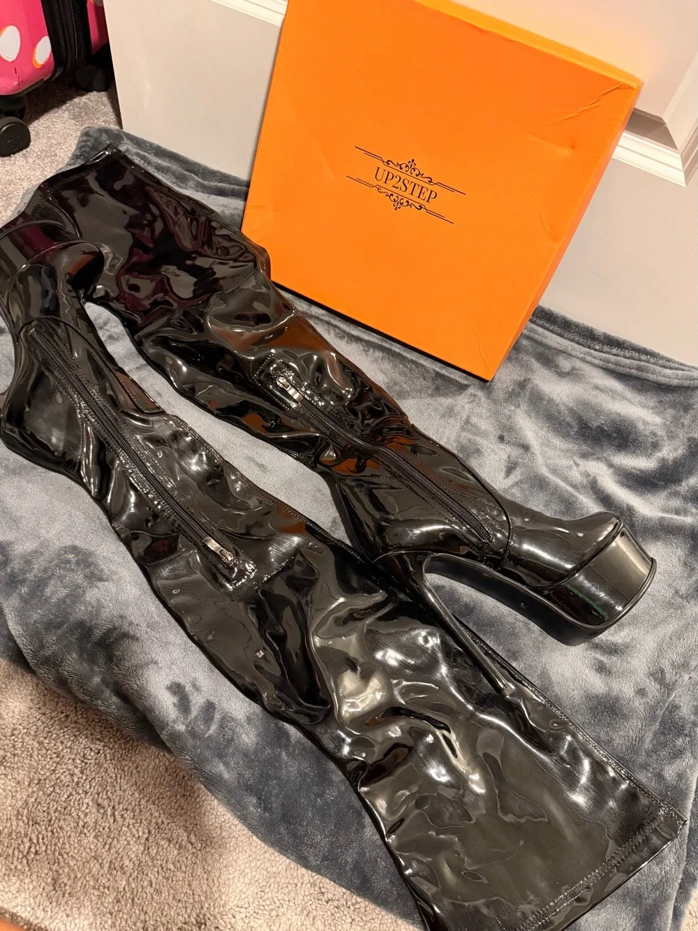 Thigh-high Patent Leather Platform Boots - UP2STEP Logo